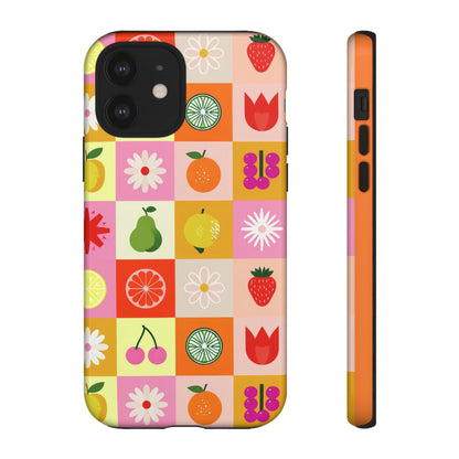 Flowers And Fruit Checkered Phone Cases For iPhone, Samsung Galaxy, and Google Pixel