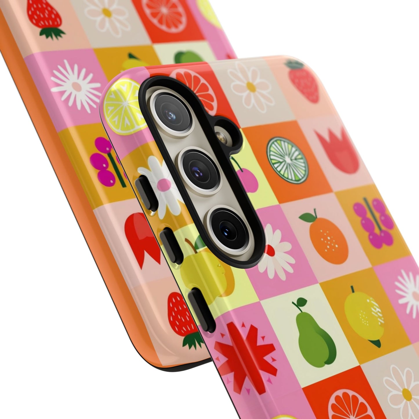 Flowers And Fruit Checkered Phone Cases For iPhone, Samsung Galaxy, and Google Pixel