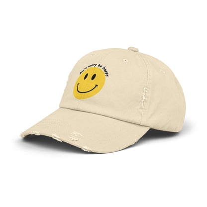 "Don't Worry Be Happy" Unisex Distressed Cap - Smiley Hat for Casual Outings and Gift Giving