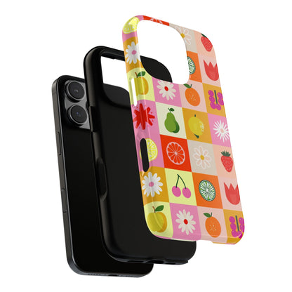 Flowers And Fruit Checkered Phone Cases For iPhone, Samsung Galaxy, and Google Pixel