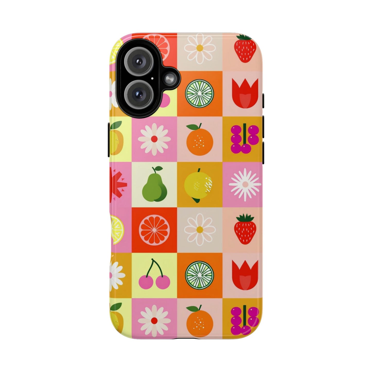 Flowers And Fruit Checkered Phone Cases For iPhone, Samsung Galaxy, and Google Pixel