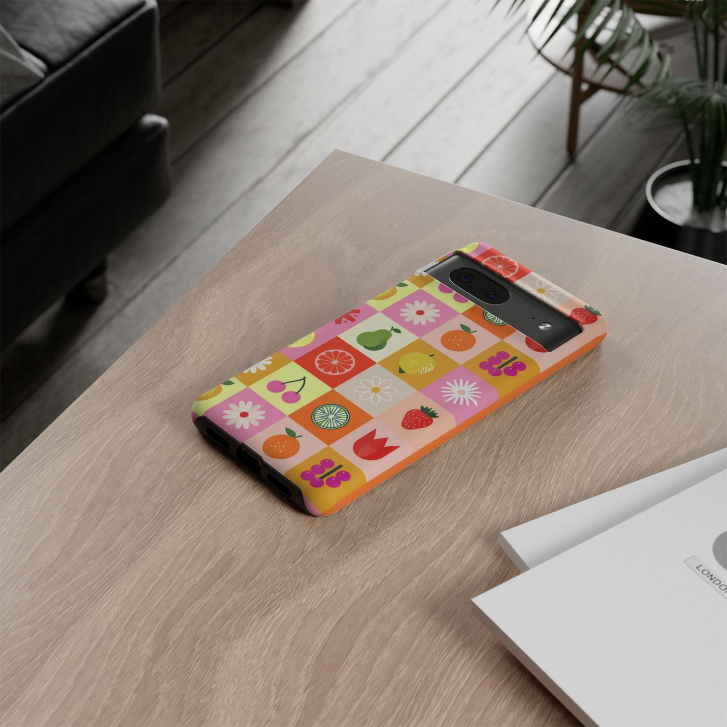 Flowers And Fruit Checkered Phone Cases For iPhone, Samsung Galaxy, and Google Pixel