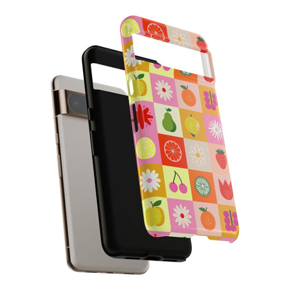 Flowers And Fruit Checkered Phone Cases For iPhone, Samsung Galaxy, and Google Pixel