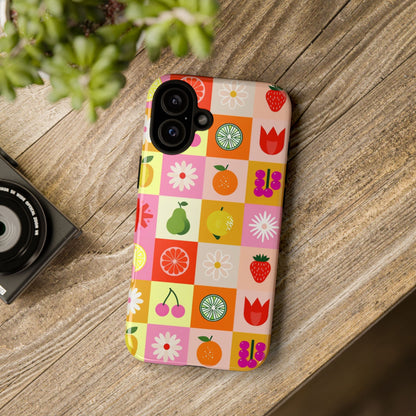 Flowers And Fruit Checkered Phone Cases For iPhone, Samsung Galaxy, and Google Pixel