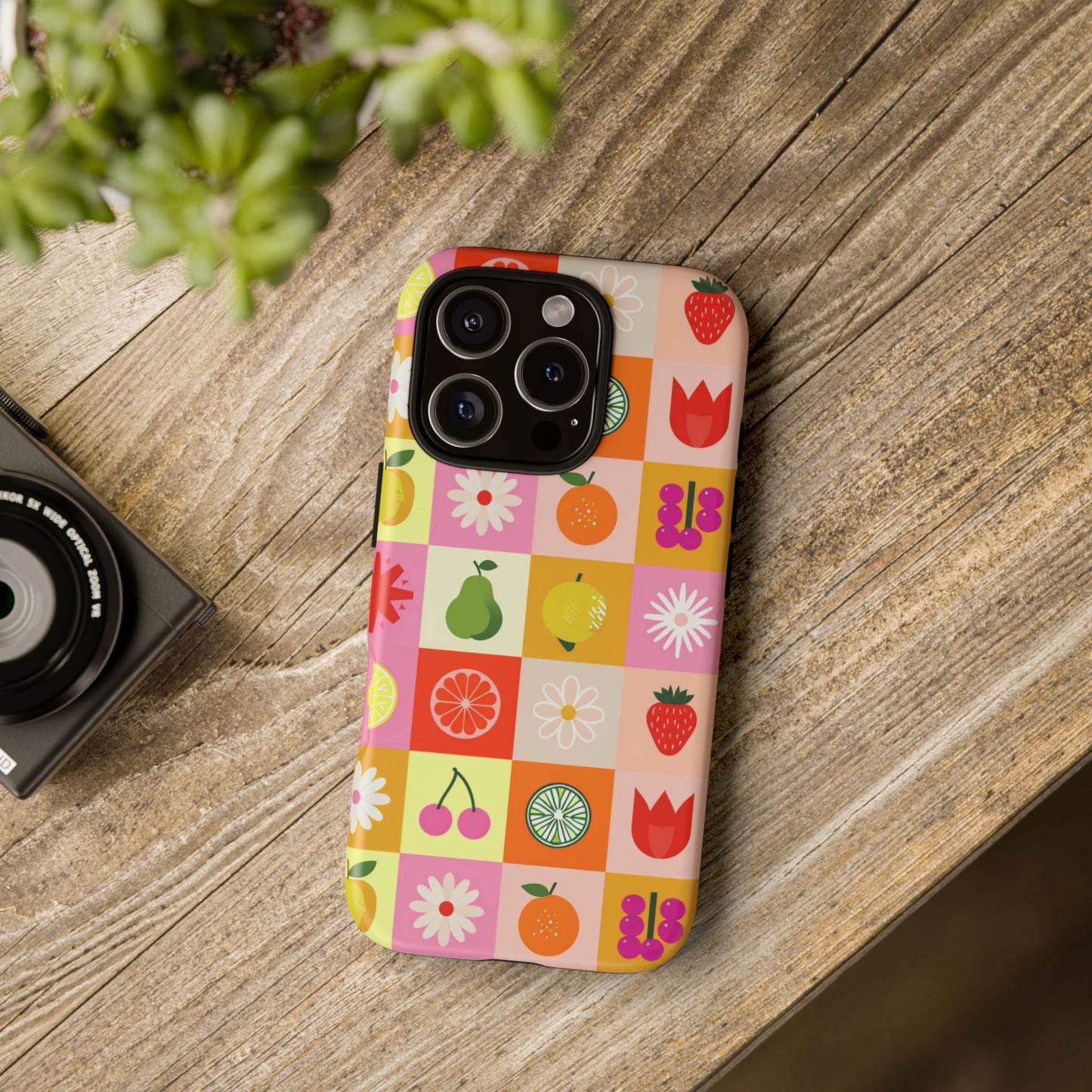 Flowers And Fruit Checkered Phone Cases For iPhone, Samsung Galaxy, and Google Pixel