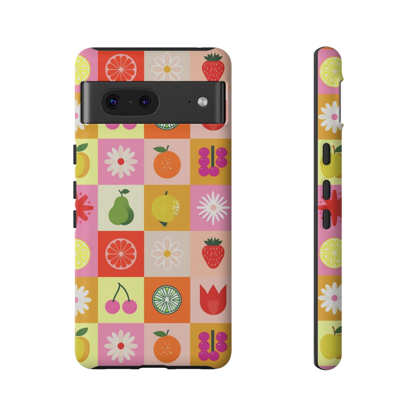 Flowers And Fruit Checkered Phone Cases For iPhone, Samsung Galaxy, and Google Pixel