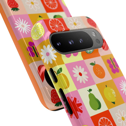 Flowers And Fruit Checkered Phone Cases For iPhone, Samsung Galaxy, and Google Pixel