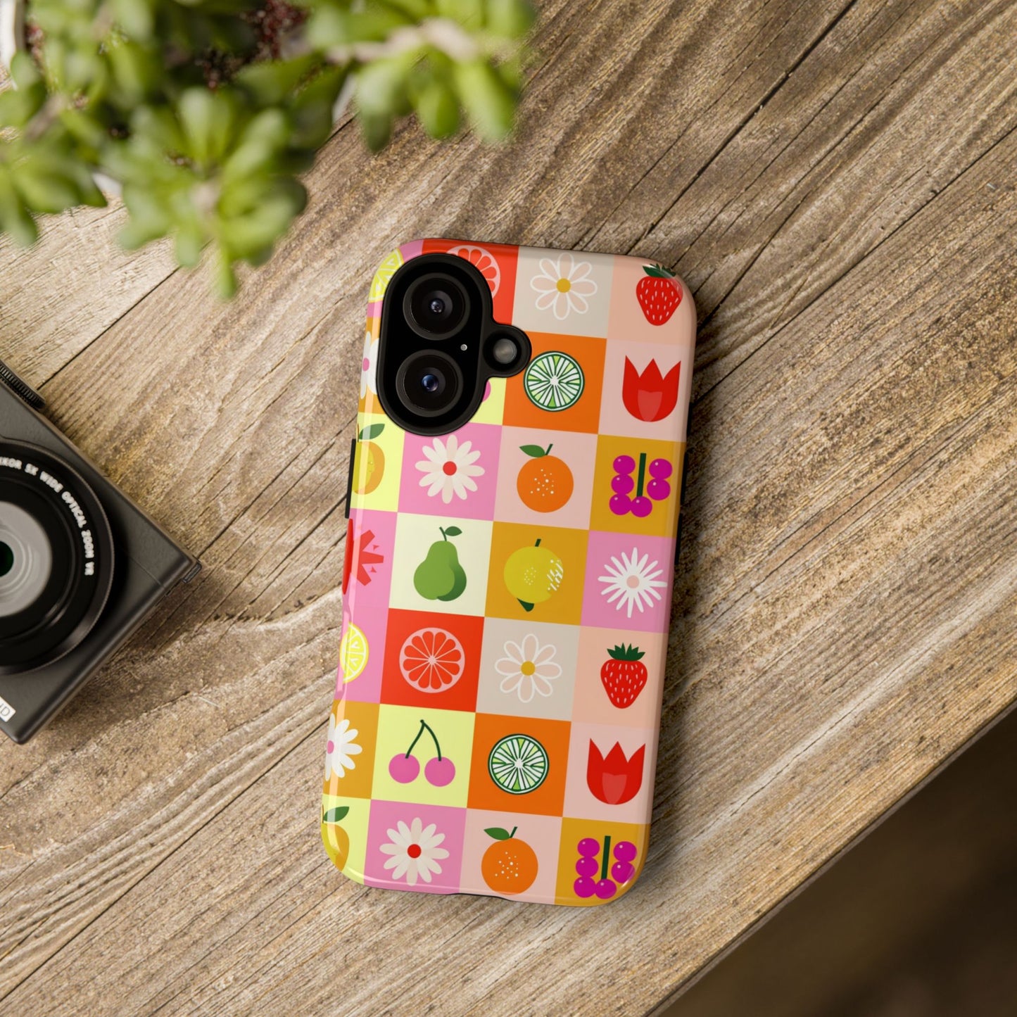 Flowers And Fruit Checkered Phone Cases For iPhone, Samsung Galaxy, and Google Pixel