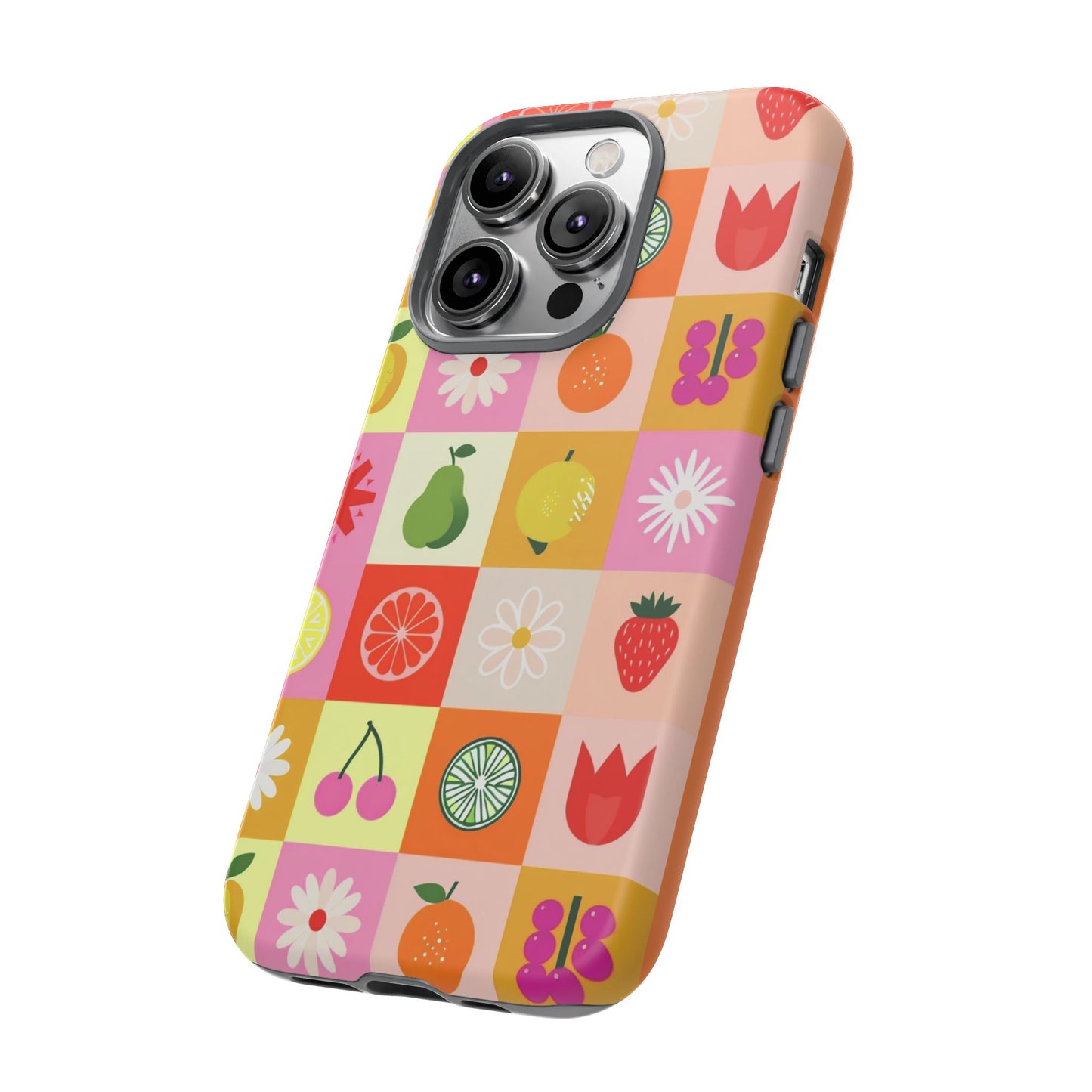 Flowers And Fruit Checkered Phone Cases For iPhone, Samsung Galaxy, and Google Pixel