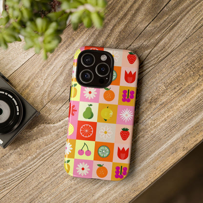 Flowers And Fruit Checkered Phone Cases For iPhone, Samsung Galaxy, and Google Pixel