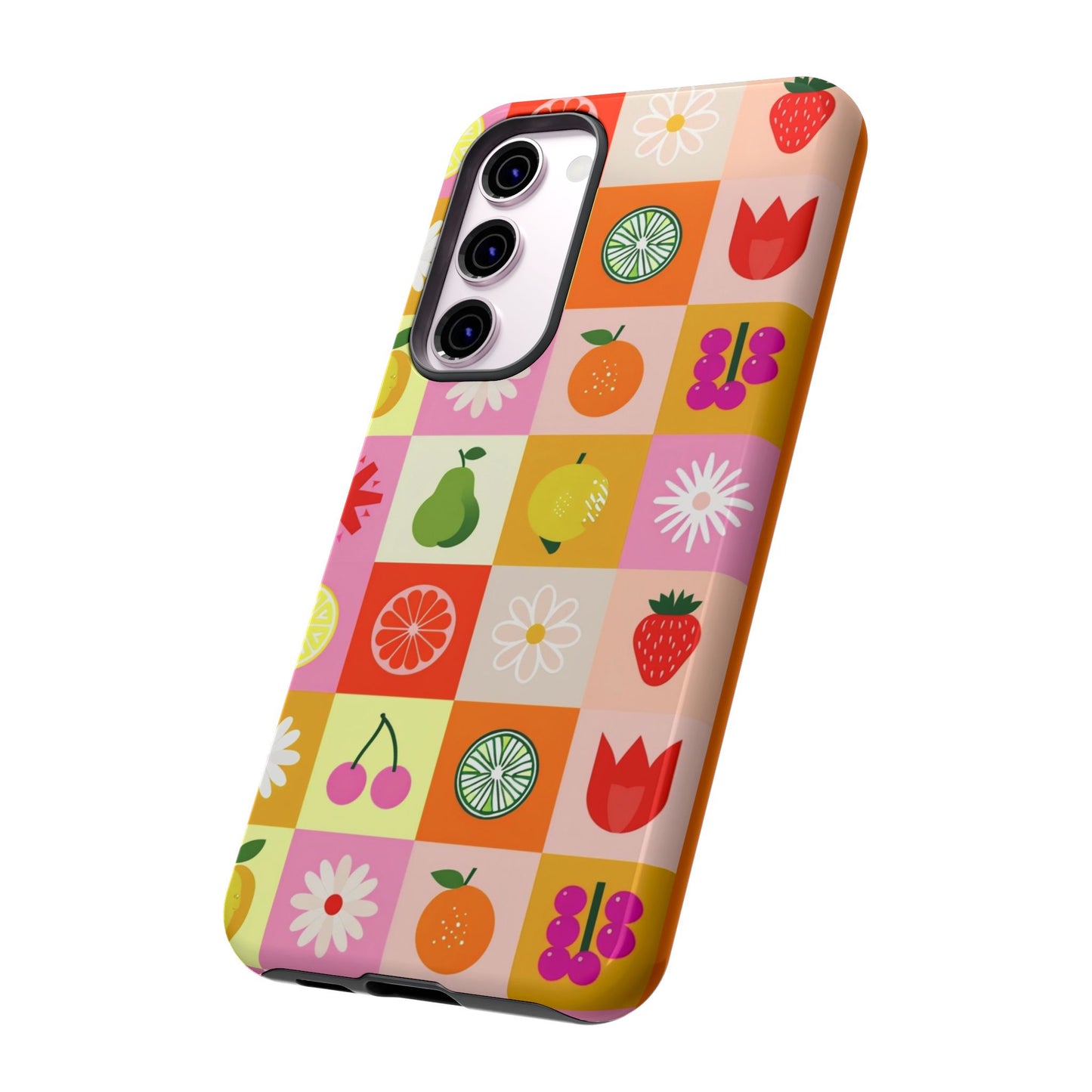 Flowers And Fruit Checkered Phone Cases For iPhone, Samsung Galaxy, and Google Pixel