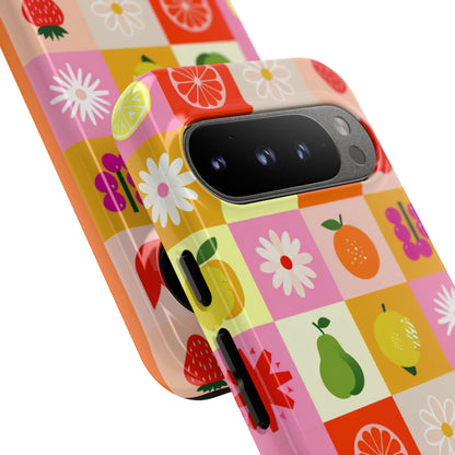 Flowers And Fruit Checkered Phone Cases For iPhone, Samsung Galaxy, and Google Pixel