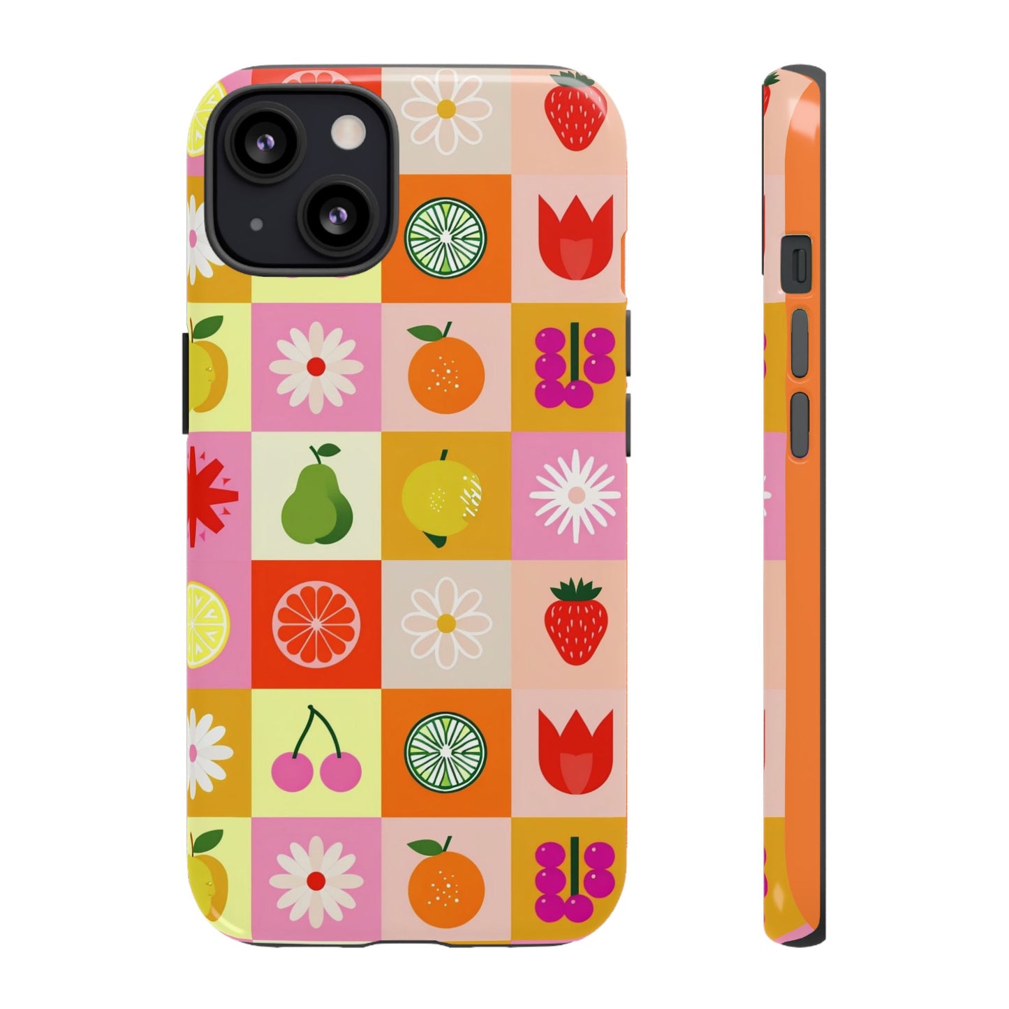 Flowers And Fruit Checkered Phone Cases For iPhone, Samsung Galaxy, and Google Pixel