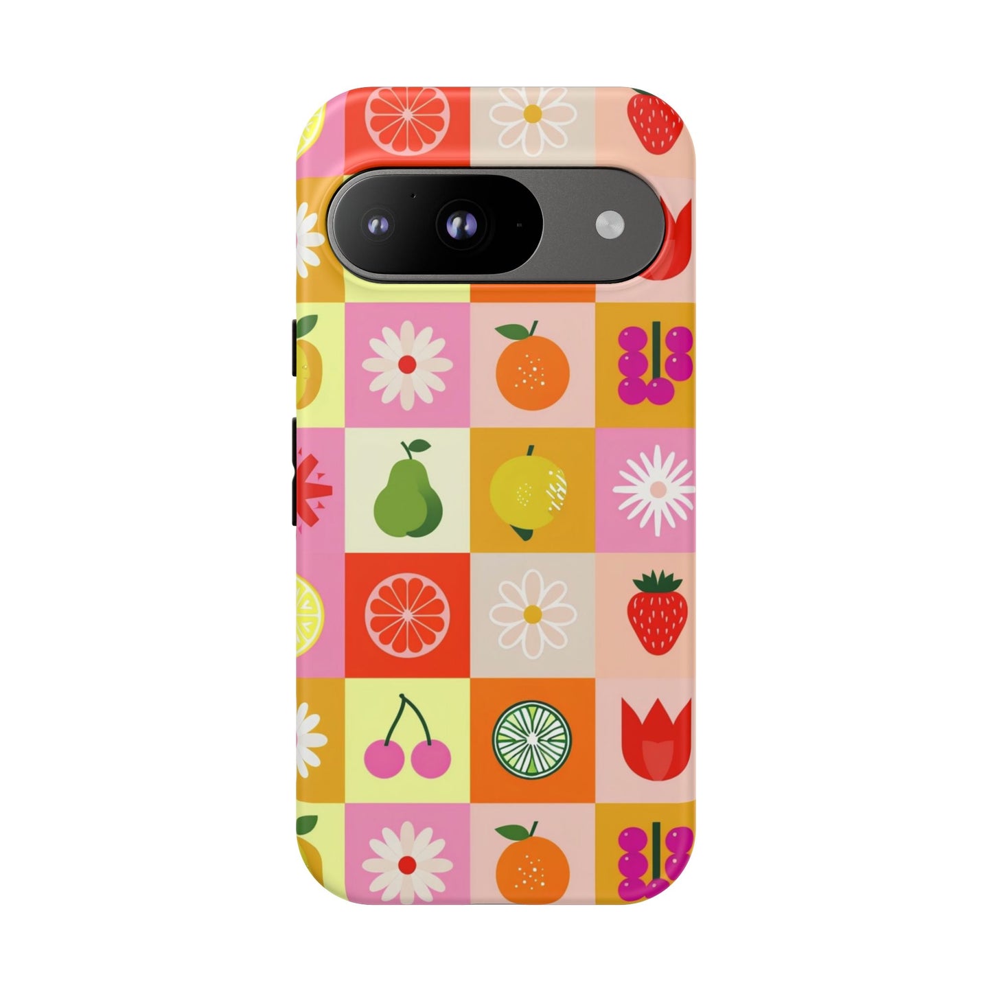 Flowers And Fruit Checkered Phone Cases For iPhone, Samsung Galaxy, and Google Pixel