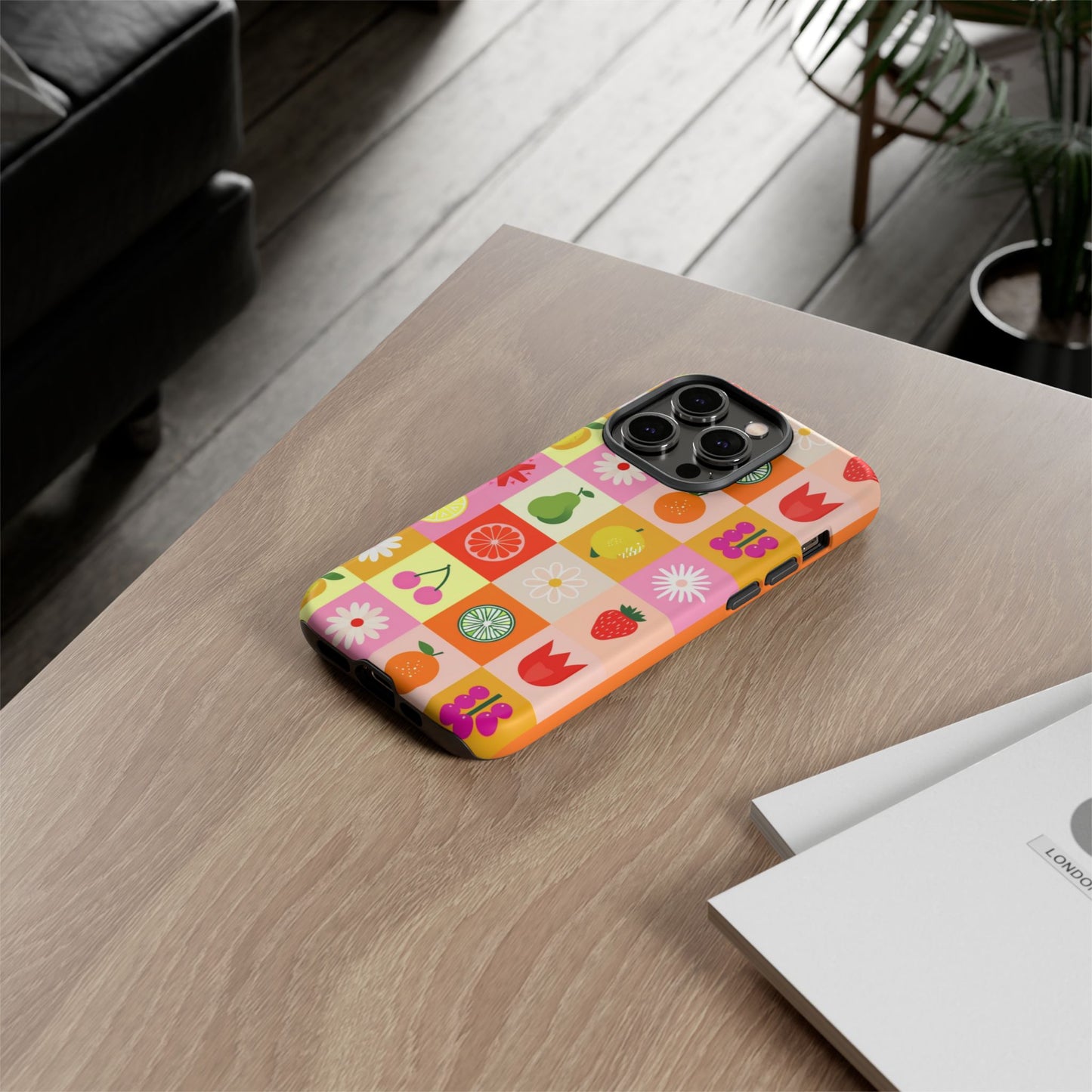 Flowers And Fruit Checkered Phone Cases For iPhone, Samsung Galaxy, and Google Pixel