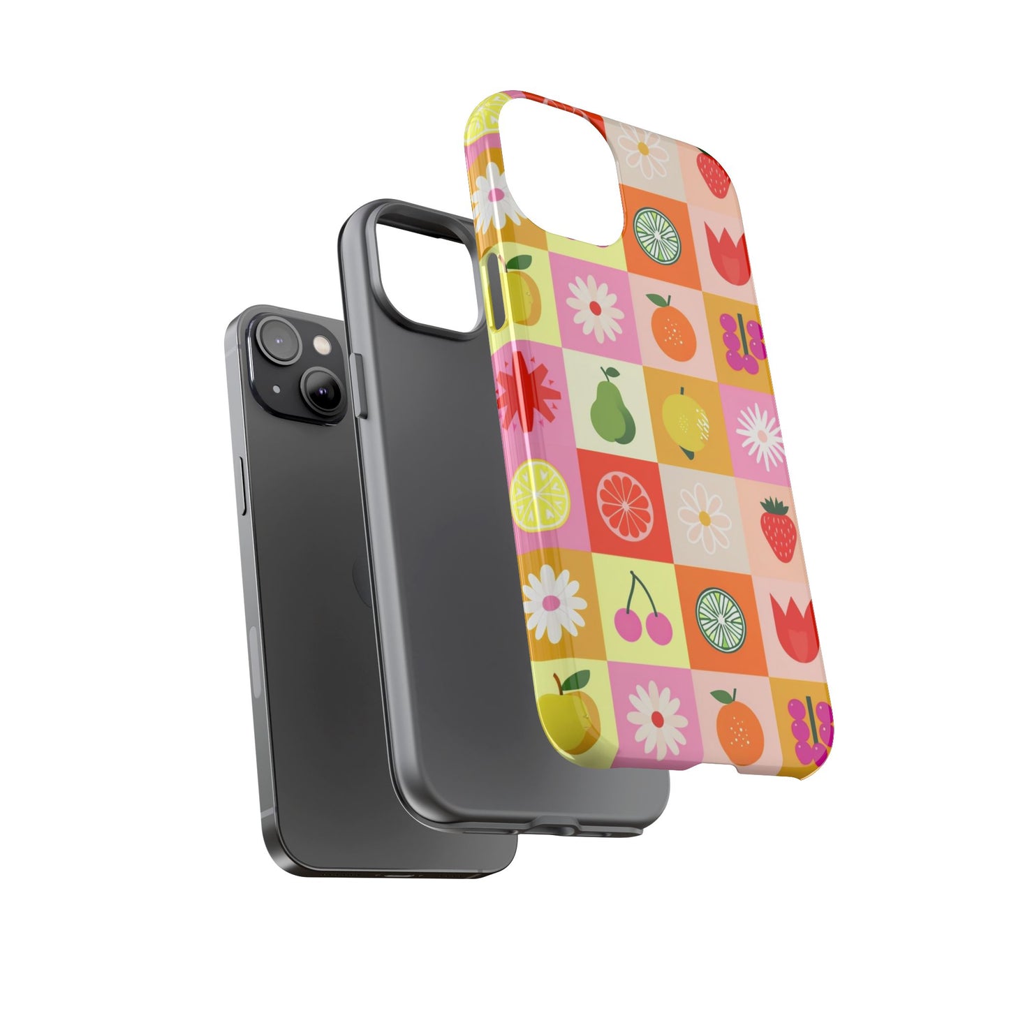 Flowers And Fruit Checkered Phone Cases For iPhone, Samsung Galaxy, and Google Pixel