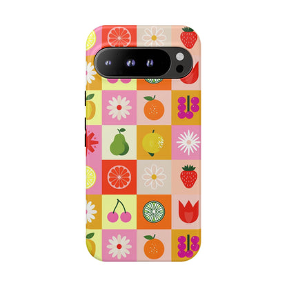 Flowers And Fruit Checkered Phone Cases For iPhone, Samsung Galaxy, and Google Pixel