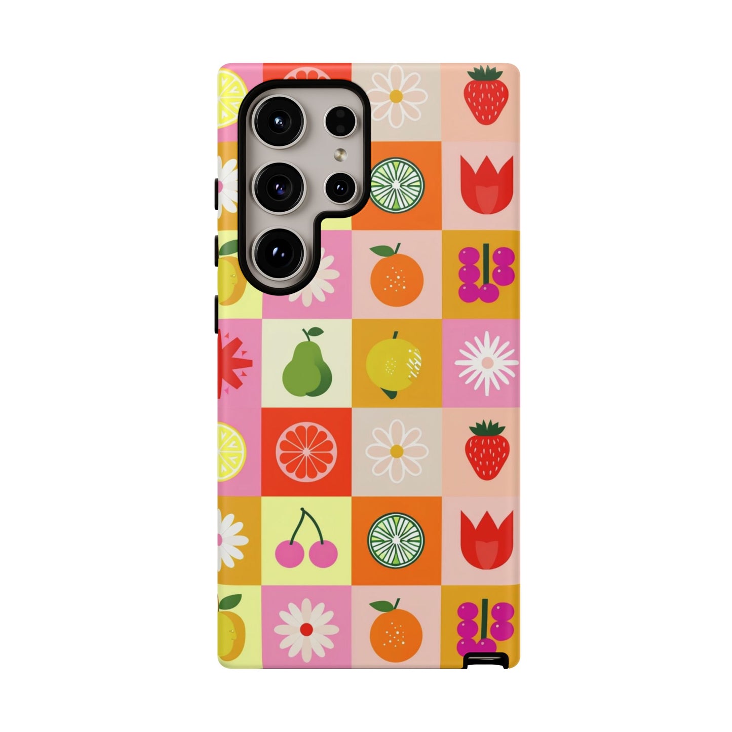 Flowers And Fruit Checkered Phone Cases For iPhone, Samsung Galaxy, and Google Pixel