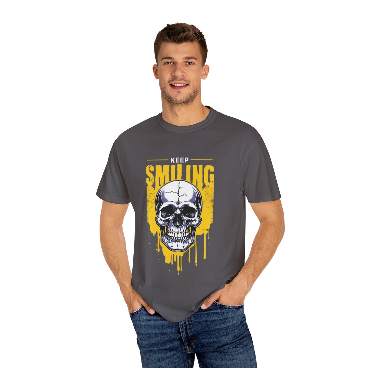 "Keep Smiling" Skull T-Shirt for Men and Women, Unisex Garment-Dyed T-shirt