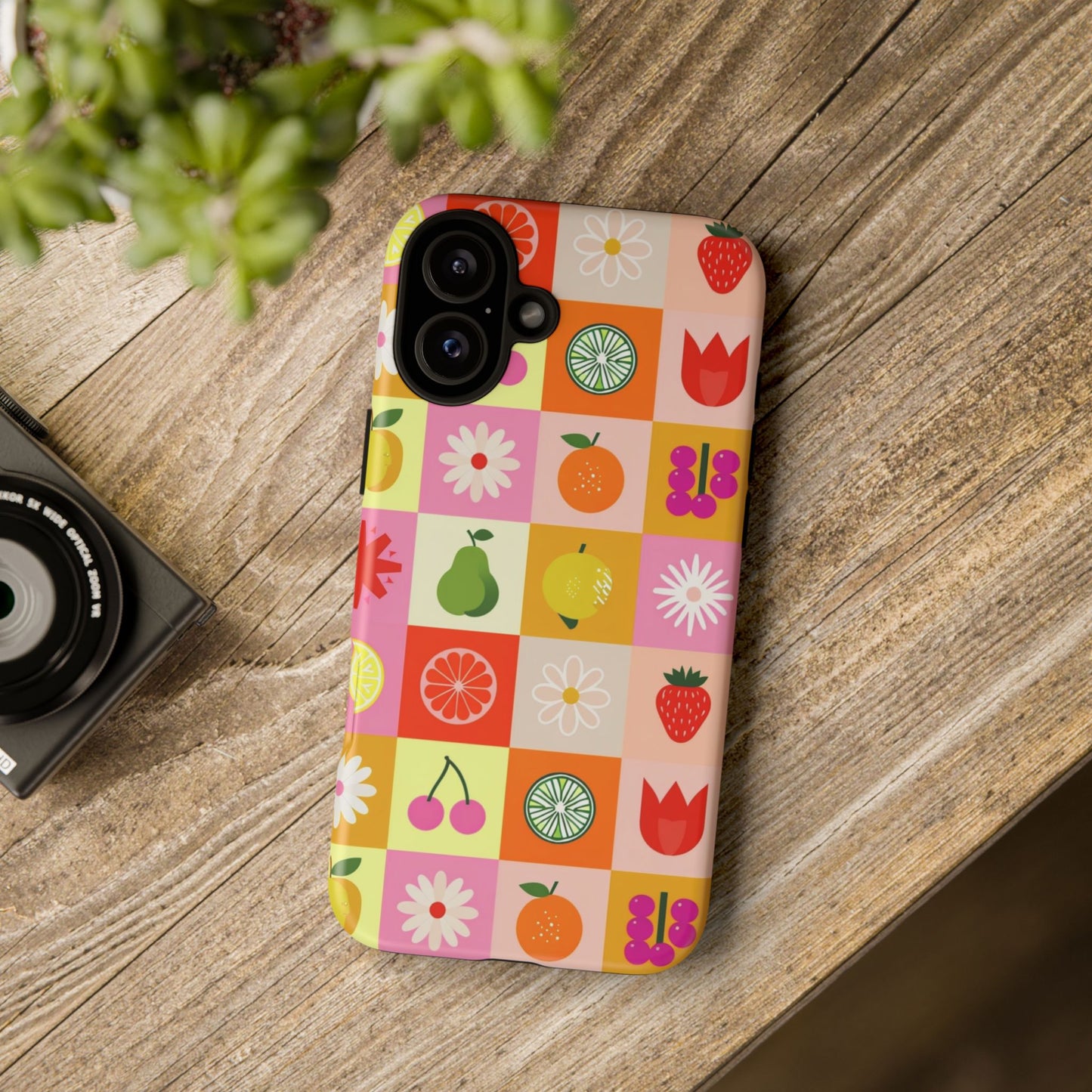 Flowers And Fruit Checkered Phone Cases For iPhone, Samsung Galaxy, and Google Pixel