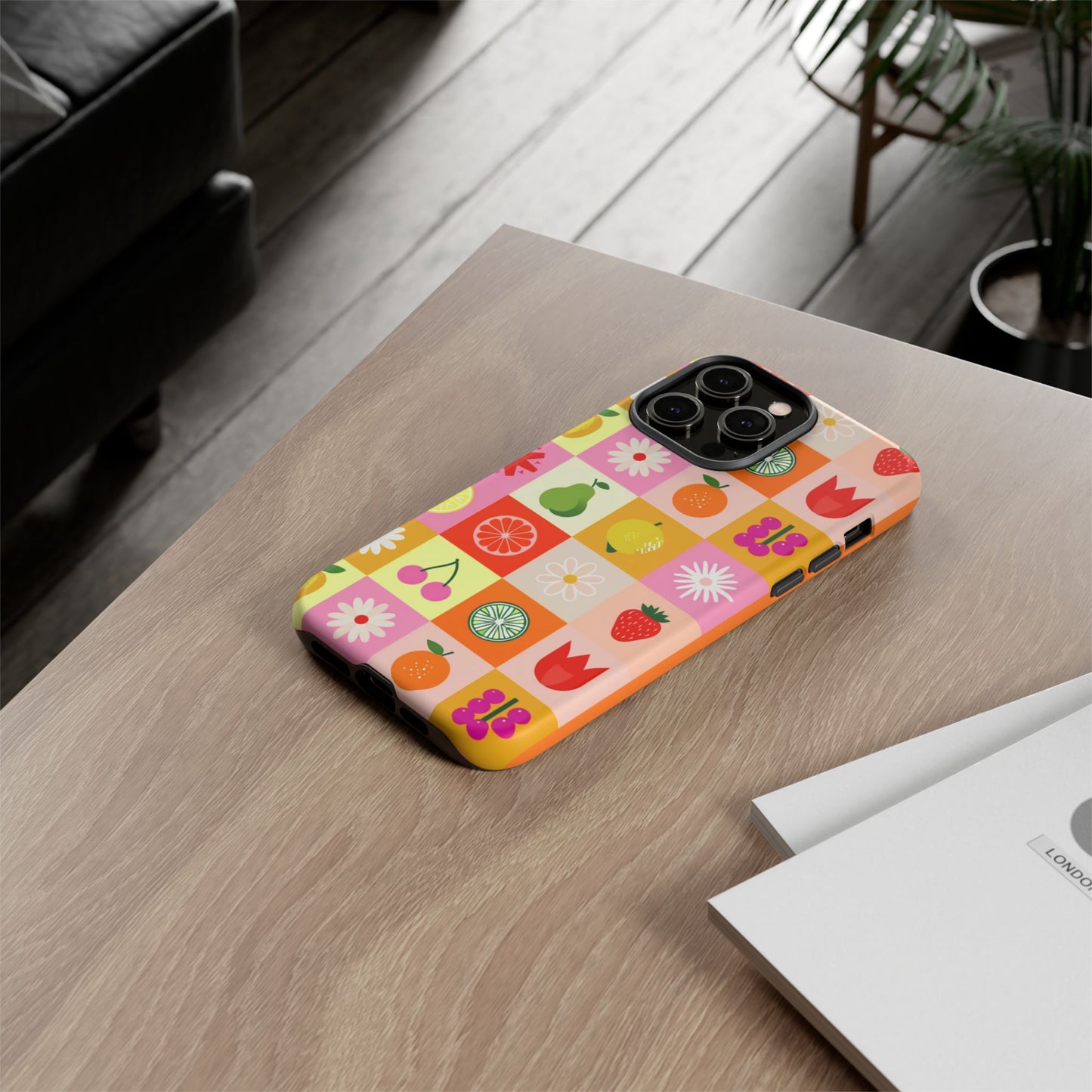 Flowers And Fruit Checkered Phone Cases For iPhone, Samsung Galaxy, and Google Pixel