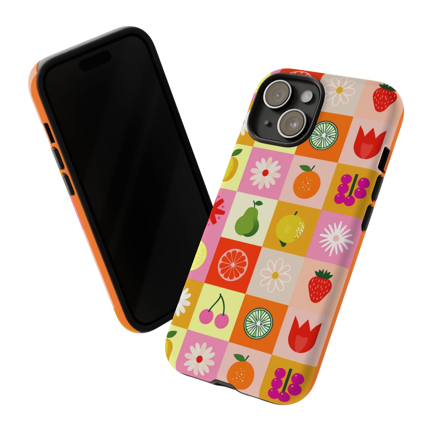 Flowers And Fruit Checkered Phone Cases For iPhone, Samsung Galaxy, and Google Pixel