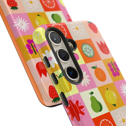 Flowers And Fruit Checkered Phone Cases For iPhone, Samsung Galaxy, and Google Pixel