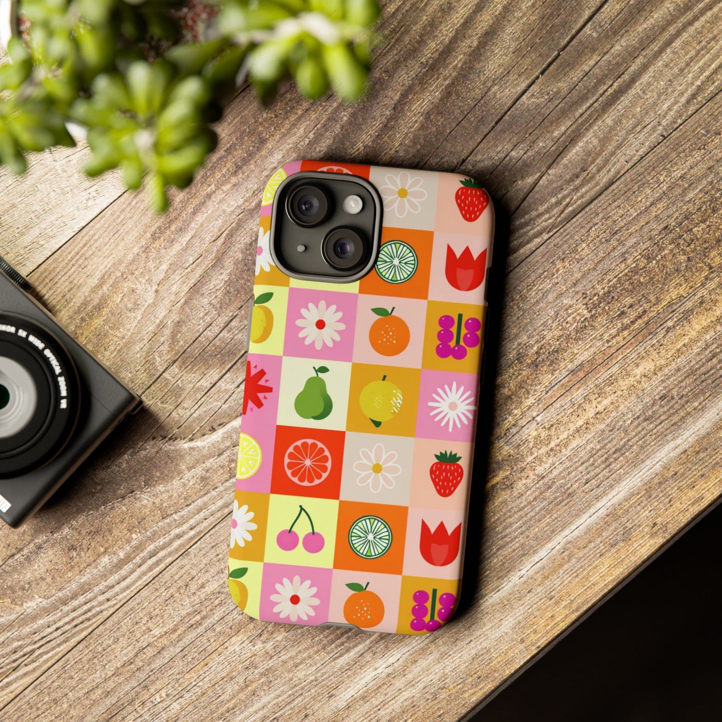 Flowers And Fruit Checkered Phone Cases For iPhone, Samsung Galaxy, and Google Pixel