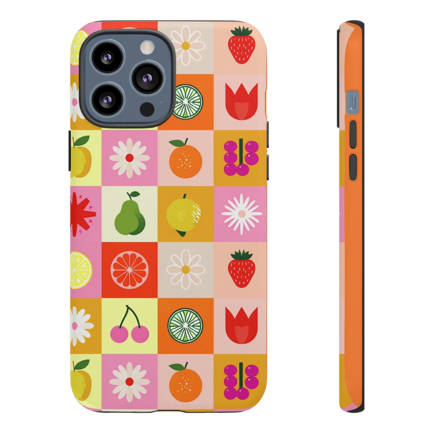 Flowers And Fruit Checkered Phone Cases For iPhone, Samsung Galaxy, and Google Pixel