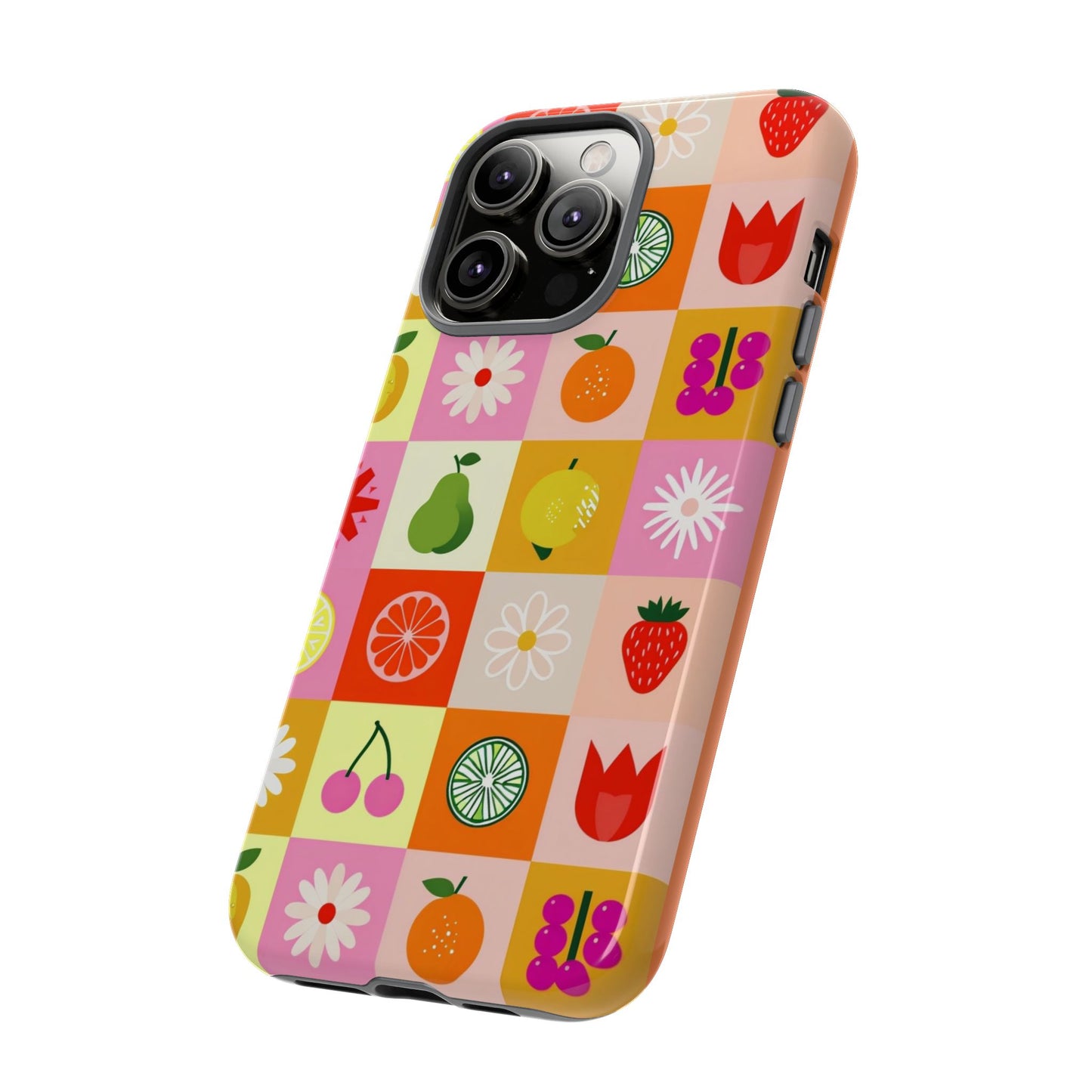 Flowers And Fruit Checkered Phone Cases For iPhone, Samsung Galaxy, and Google Pixel