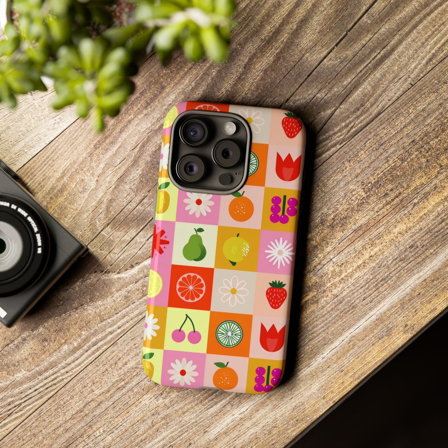 Flowers And Fruit Checkered Phone Cases For iPhone, Samsung Galaxy, and Google Pixel