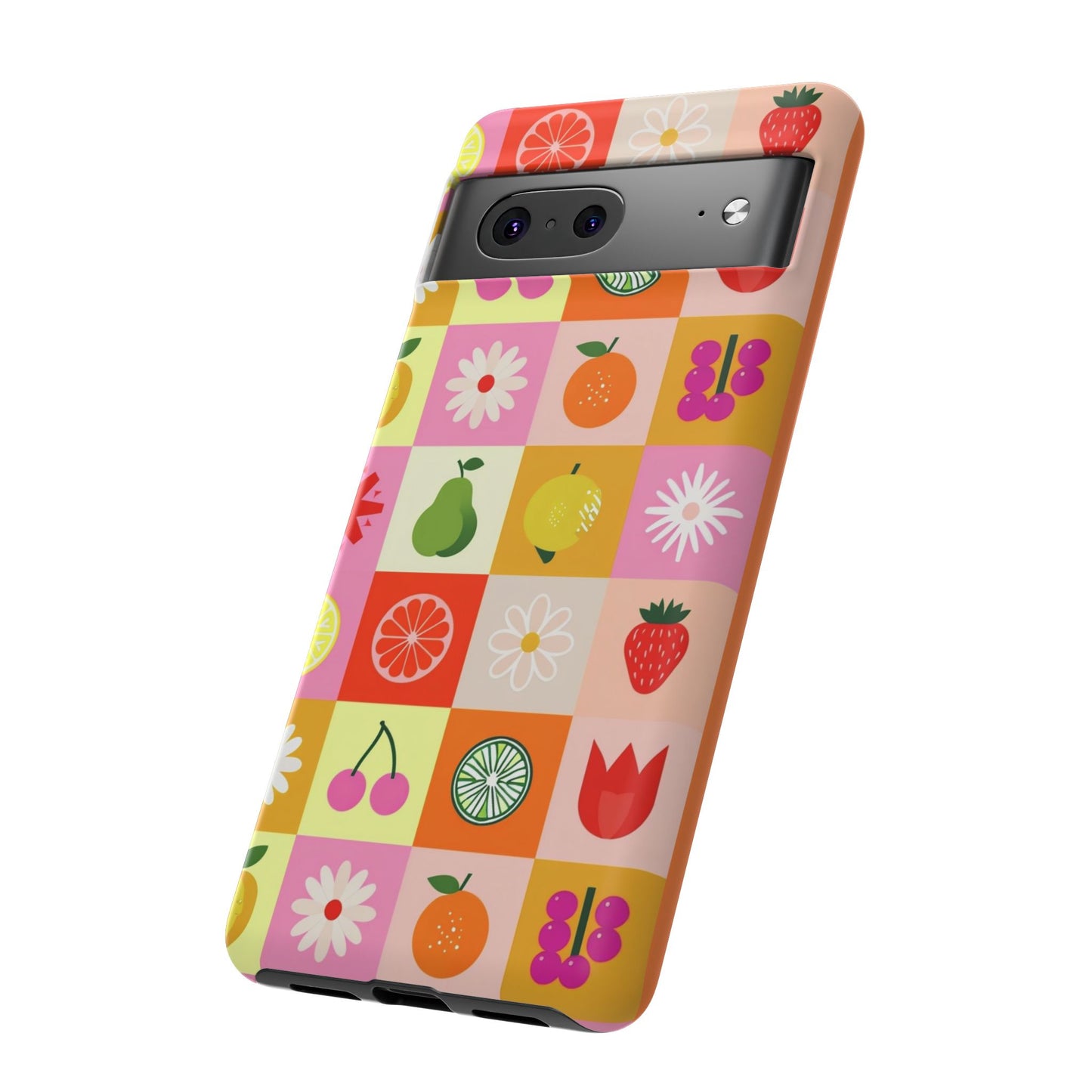 Flowers And Fruit Checkered Phone Cases For iPhone, Samsung Galaxy, and Google Pixel