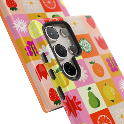 Flowers And Fruit Checkered Phone Cases For iPhone, Samsung Galaxy, and Google Pixel