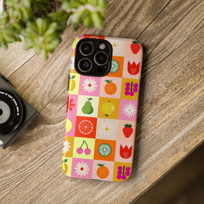 Flowers And Fruit Checkered Phone Cases For iPhone, Samsung Galaxy, and Google Pixel