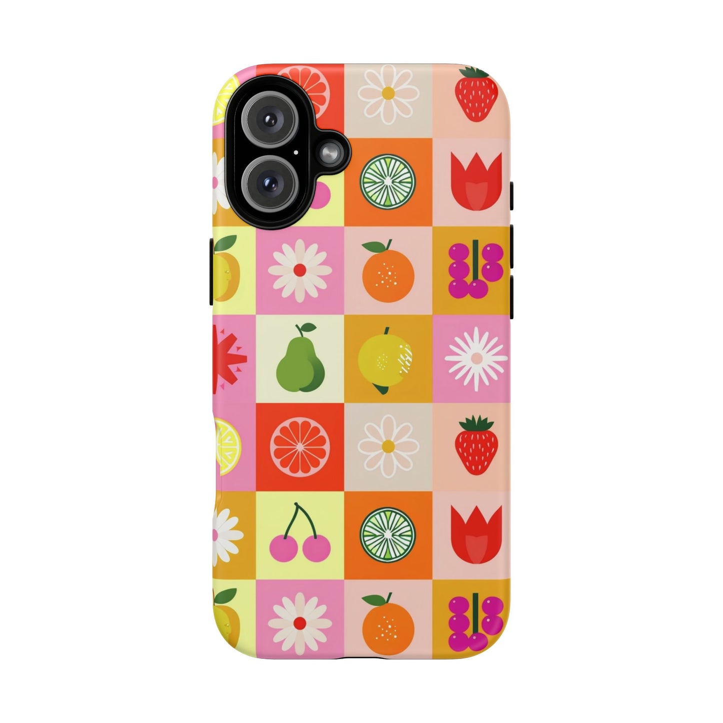 Flowers And Fruit Checkered Phone Cases For iPhone, Samsung Galaxy, and Google Pixel