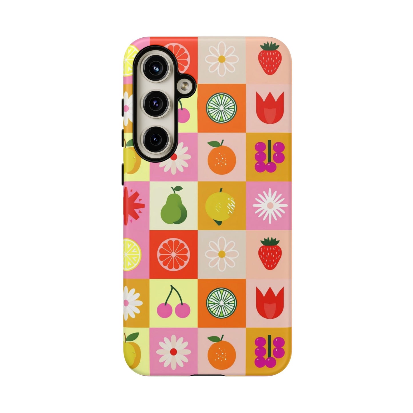 Flowers And Fruit Checkered Phone Cases For iPhone, Samsung Galaxy, and Google Pixel