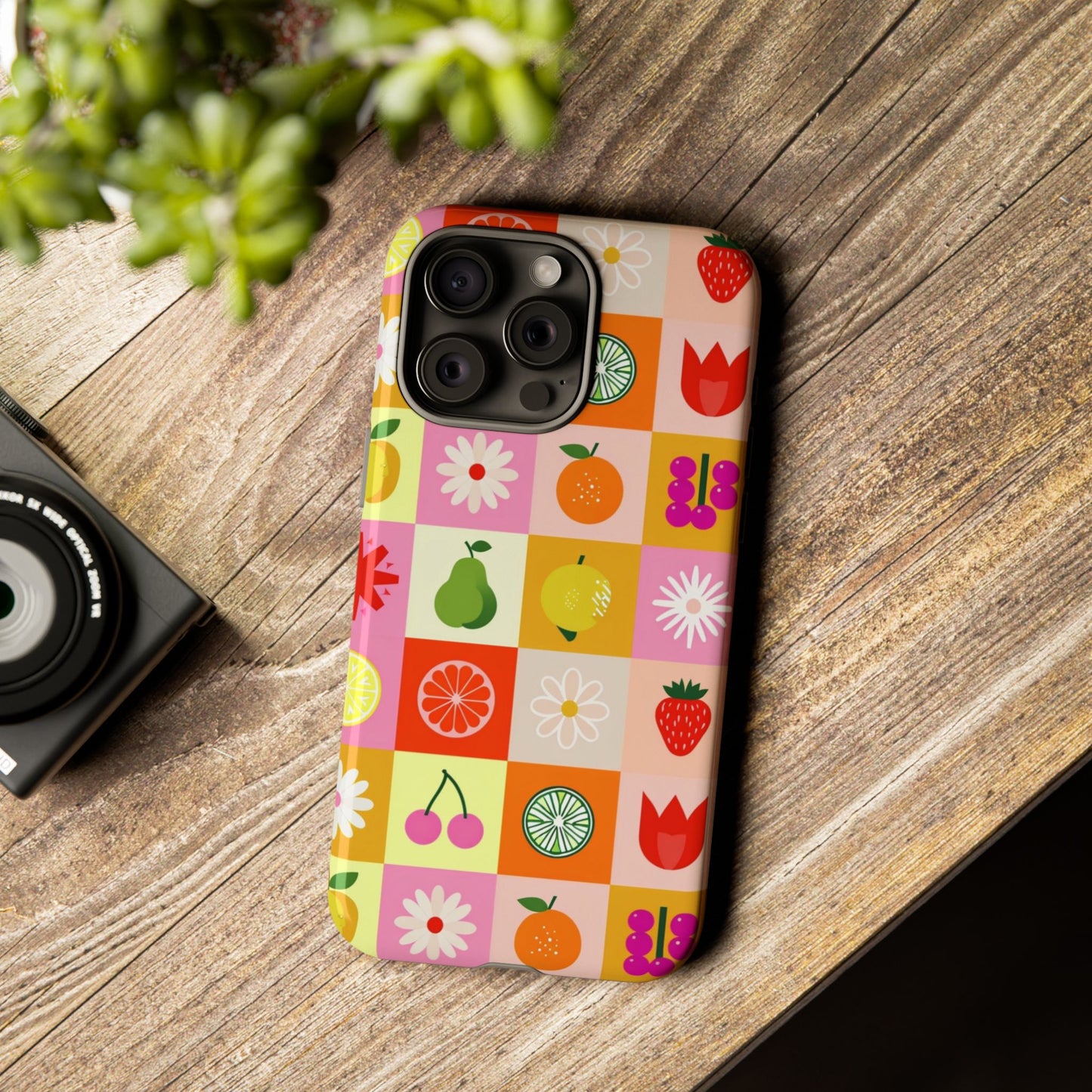 Flowers And Fruit Checkered Phone Cases For iPhone, Samsung Galaxy, and Google Pixel