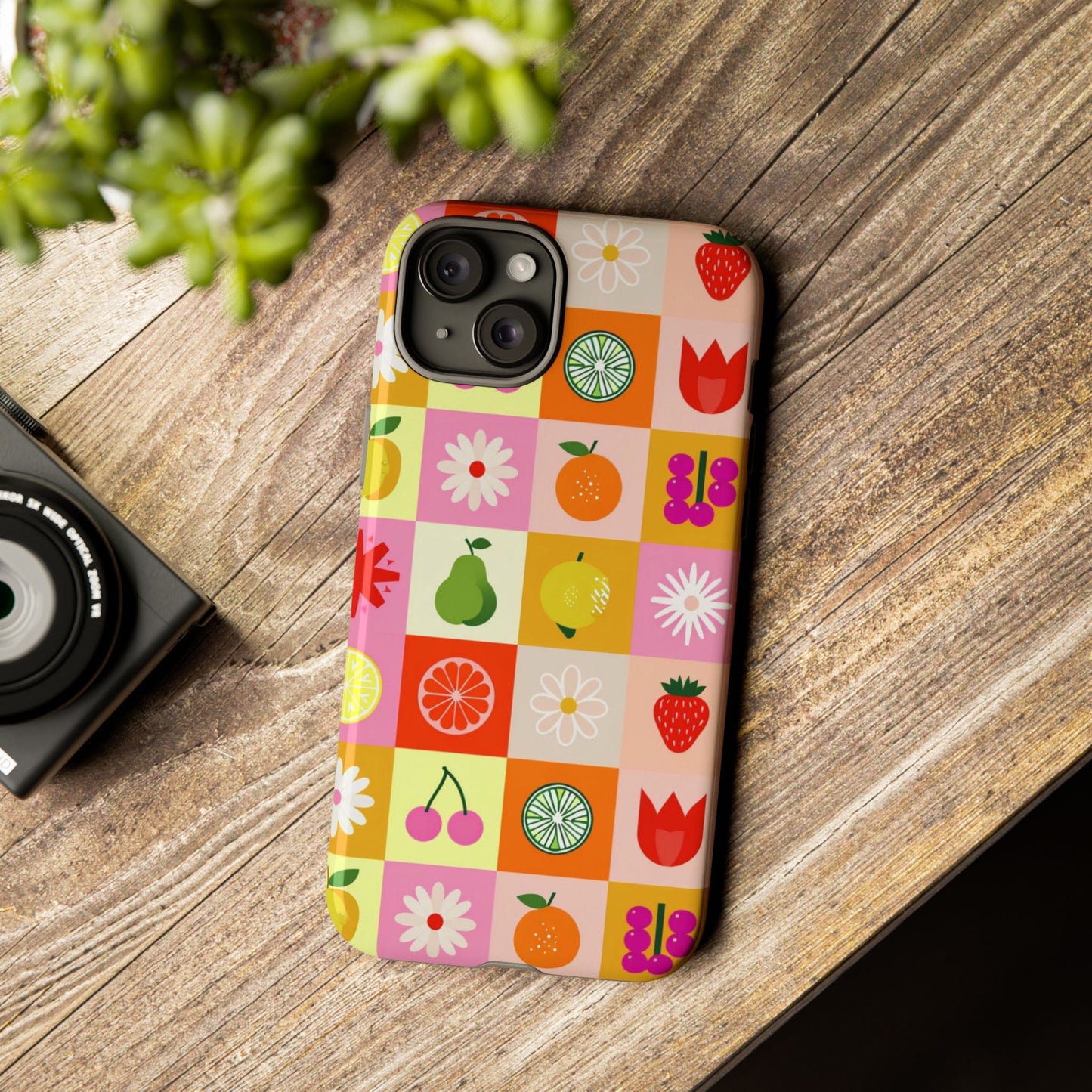 Flowers And Fruit Checkered Phone Cases For iPhone, Samsung Galaxy, and Google Pixel