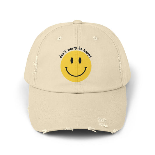 "Don't Worry Be Happy" Unisex Distressed Cap - Smiley Hat for Casual Outings and Gift Giving