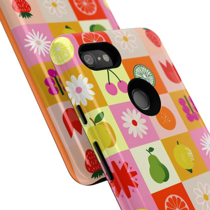 Flowers And Fruit Checkered Phone Cases For iPhone, Samsung Galaxy, and Google Pixel