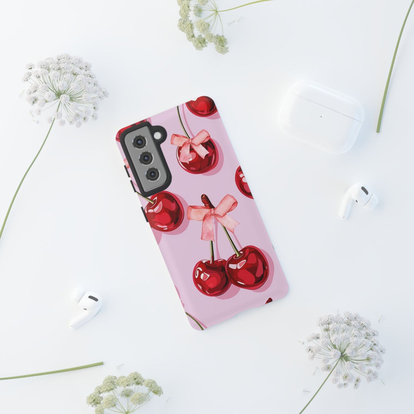 Cherry Ribbon Phone Cases for iPhone, Samsung Galaxy, and Google Pixel