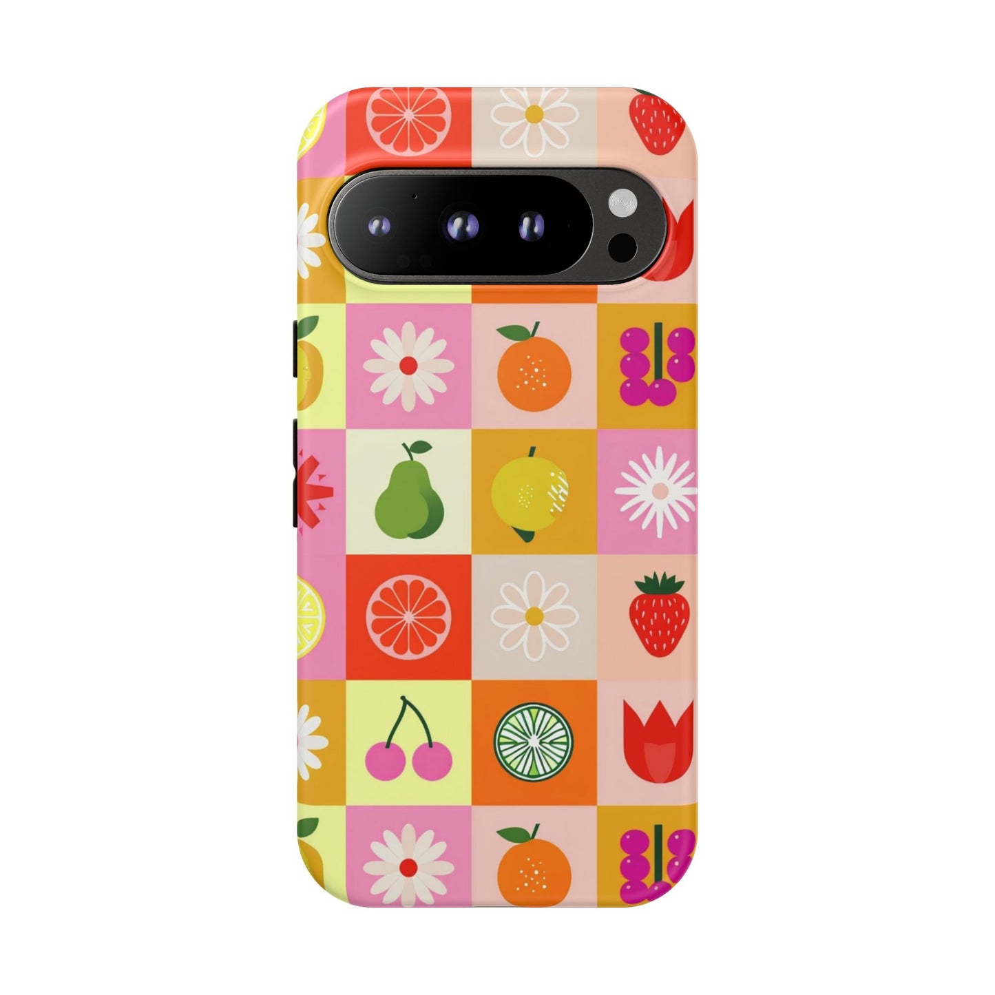 Flowers And Fruit Checkered Phone Cases For iPhone, Samsung Galaxy, and Google Pixel