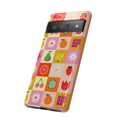 Flowers And Fruit Checkered Phone Cases For iPhone, Samsung Galaxy, and Google Pixel