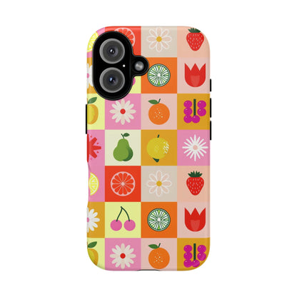 Flowers And Fruit Checkered Phone Cases For iPhone, Samsung Galaxy, and Google Pixel