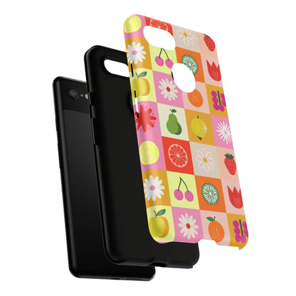 Flowers And Fruit Checkered Phone Cases For iPhone, Samsung Galaxy, and Google Pixel