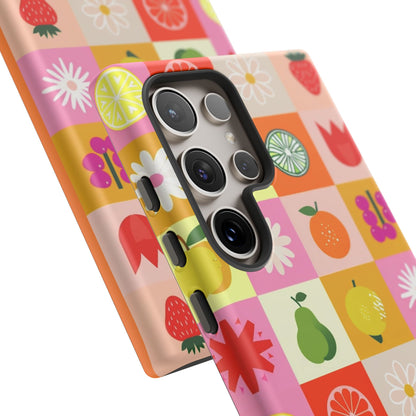 Flowers And Fruit Checkered Phone Cases For iPhone, Samsung Galaxy, and Google Pixel