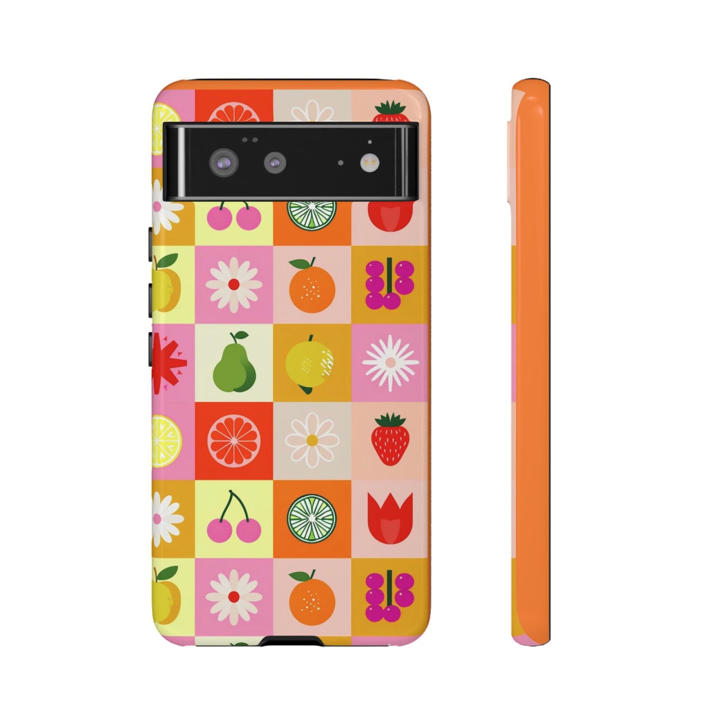 Flowers And Fruit Checkered Phone Cases For iPhone, Samsung Galaxy, and Google Pixel