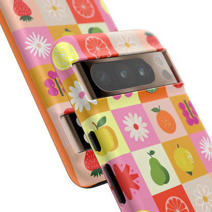 Flowers And Fruit Checkered Phone Cases For iPhone, Samsung Galaxy, and Google Pixel