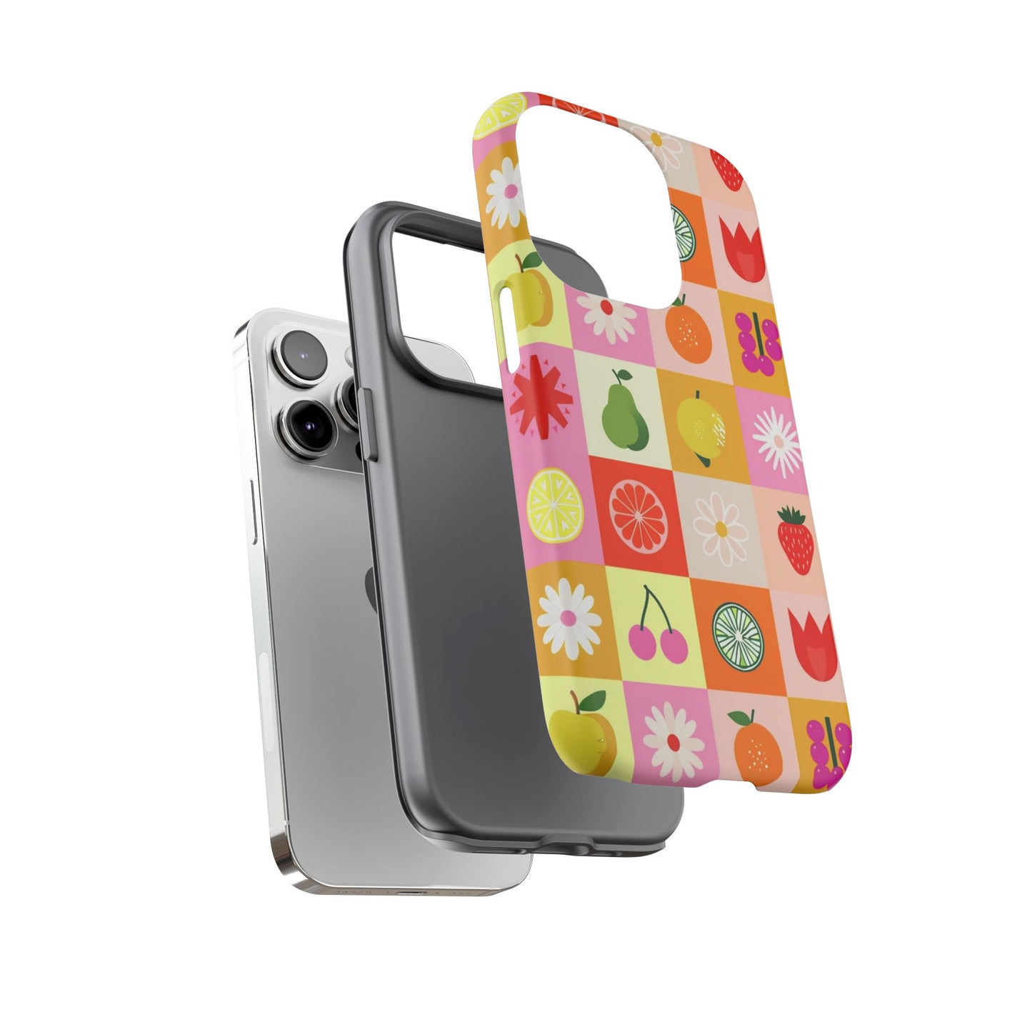 Flowers And Fruit Checkered Phone Cases For iPhone, Samsung Galaxy, and Google Pixel