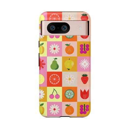 Flowers And Fruit Checkered Phone Cases For iPhone, Samsung Galaxy, and Google Pixel